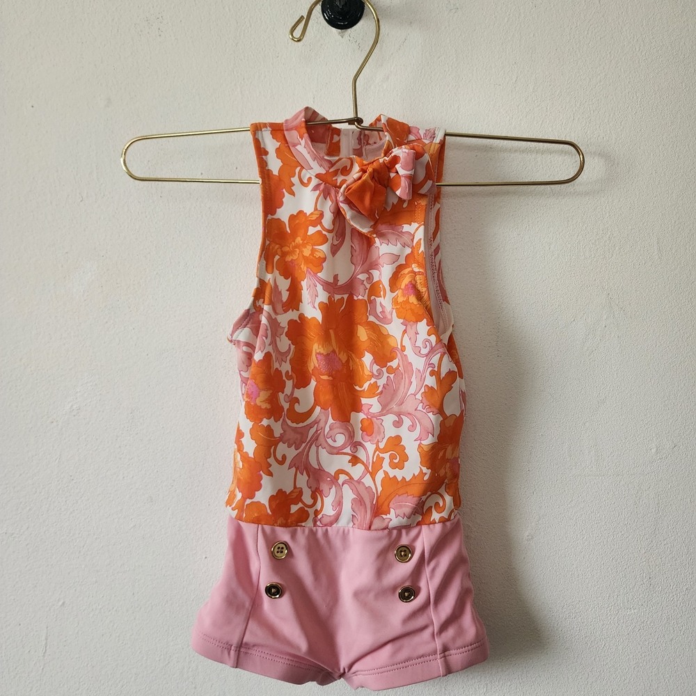 Janie Jack Swimsuit Size 4 Pink Retro Floral Orange